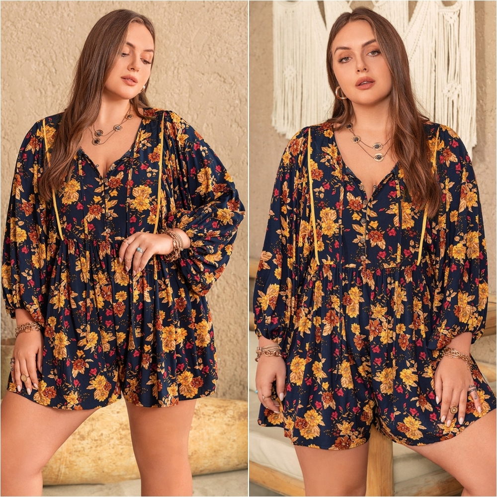 Plus Size Breezy Blossom Tie-Neck Romper - Navy